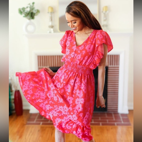 NEW Remember Me Red & Pink Floral Print Smocked Waist Midi Dress - Picture 11 of 14